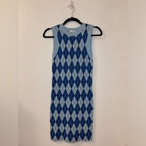 Blue Argyle Knit Sleeveless Dress